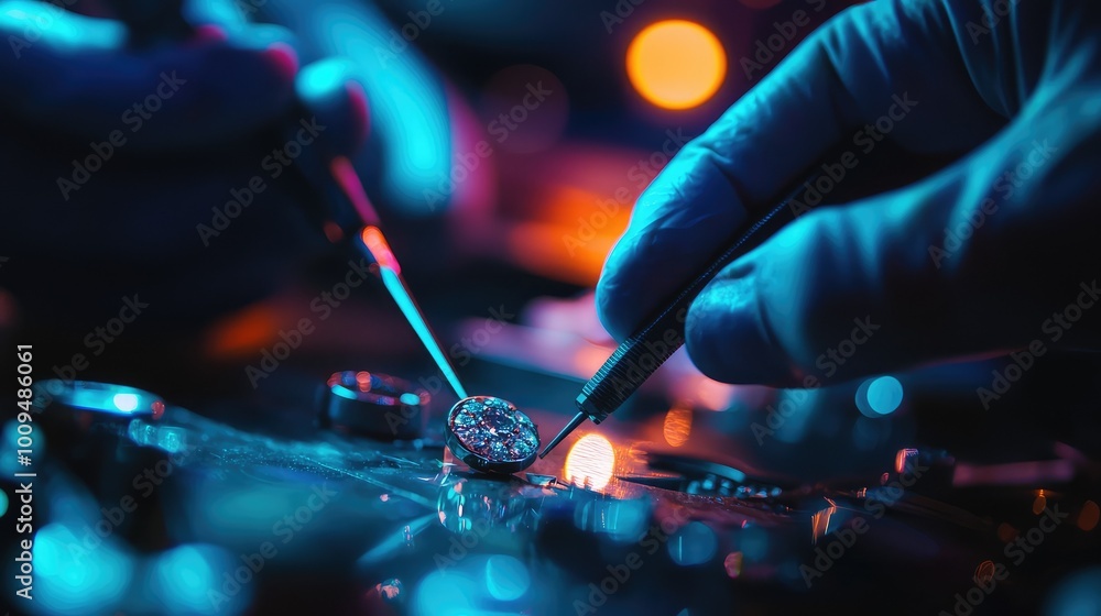 Poster a close-up of a technician's hand working on an electronic circuit with vibrant colors and precise t