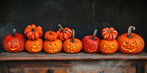 Spooky Pumpkin Carving: Vintage Orange and Crimson Gourds on an Antique Wooden Table.