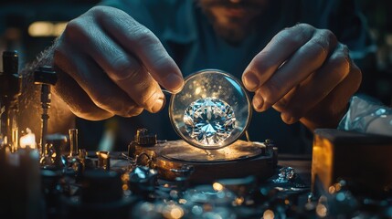 A close-up of hands carefully working with a sparkling crystal, surrounded by various tools and dim lighting in a workshop.