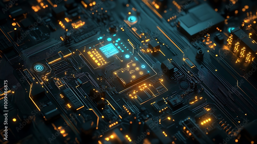 Poster dynamic circuit board displaying colorful glowing neon elements and connections