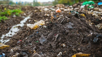 Obraz premium A close-up view of a polluted area featuring piles of soil mixed with plastic waste and debris, highlighting environmental issues.