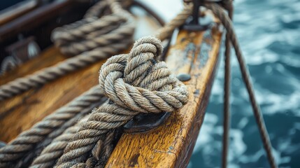 Fototapeta premium A close-up view of a taut rope knot on a wooden surface, capturing the intricate details of nautical craftsmanship.
