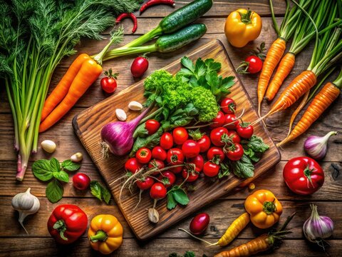 A vibrant fresh galka vegetable rests on a wooden cutting board, accompanied by lush greenery in a charming rustic kitchen filled with warmth and character.