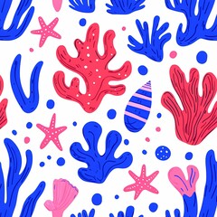 Obraz premium Colorful Hand-Drawn Pattern of Seashells and Coral