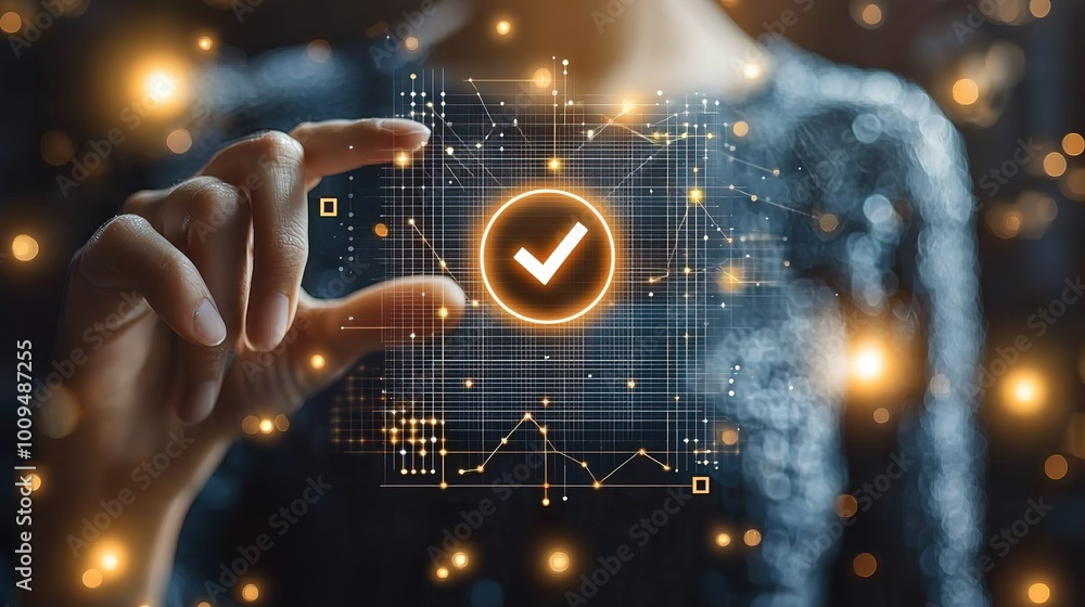 Poster quality control and quality guarantee process concept, person touching certificate icon on virtual s