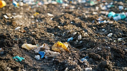 Obraz premium A close-up view of garbage on the ground, highlighting the environmental issue of plastic waste in dirt and soil.