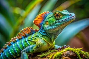 Fototapeta premium Striped Basilisk Lizard Displaying Vibrant Colors in a Tropical Rainforest Environment