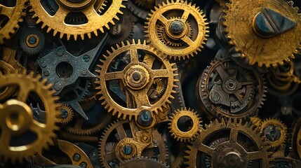 A close-up view of intricate golden gears, showcasing the mechanics of time and the beauty of engineering craftsmanship.