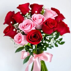Fototapeta premium A romantic bouquet of red and pink roses tied with satin ribbon, with delicate baby's breath adding texture and softness.