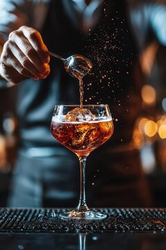 Bartender mixing a cocktail with a stirring spoon, beverage industry, hands in action preparing drinks