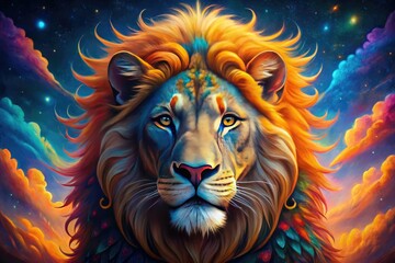 A vibrant lion symbolizes Leo, adorned with astrological motifs and lively colors, representing courage, leadership, and the radiant spirit of those born under this fiery sign.