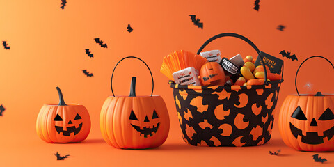 Trick-or-Treat Baskets: Orange and Black Pumpkin-Print Baskets Filled with Halloween Goodies.