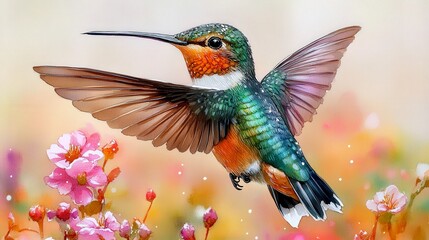 Fototapeta premium Stunning Watercolor Hummingbird Painting with Pink Flowers