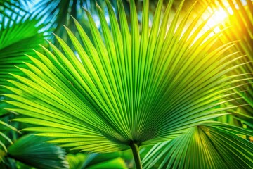 Fototapeta premium A vibrant palm leaf stands out against a dreamy, blurred backdrop, capturing the essence of tropical paradise and the captivating beauty of nature.