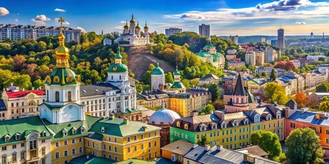 Fototapeta premium Stunning Aerial View of Kyiv's Historic Architecture and Vibrant Urban Landscape on a Sunny Day