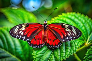 Fototapeta premium A Vibrant Red Butterfly With Intricate Black And White Patterns Perches On A Delicate Green Leaf, Its Wings Casting A Gentle Shadow.