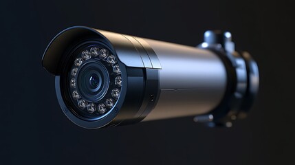 a cylindrical bullet camera, commonly used outdoors. The camera is weather-resistant, with a clear lens and visible infrared LEDs for night vision. The housing is metallic