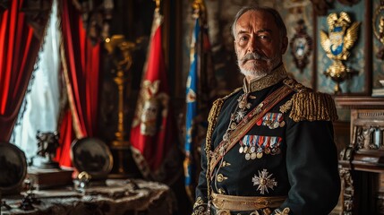 A distinguished portrait of a military officer in full regalia, adorned with medals and showcasing a lavish historical setting.