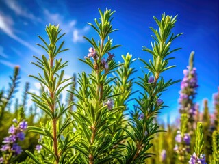 A vibrant rosemary bush flourishes in a sunlit garden, its fragrant leaves basking under a clear blue sky, creating a serene and aromatic atmosphere.