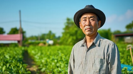Obraz premium A farmer stands proudly in his lush green field, embodying dedication to agriculture under a clear blue sky.