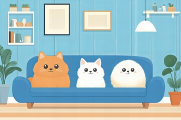 Cute cat and dog sitting together at home with playful expressions, adorable cartoon animals in a cozy domestic setting new beautiful stock image illustration AI