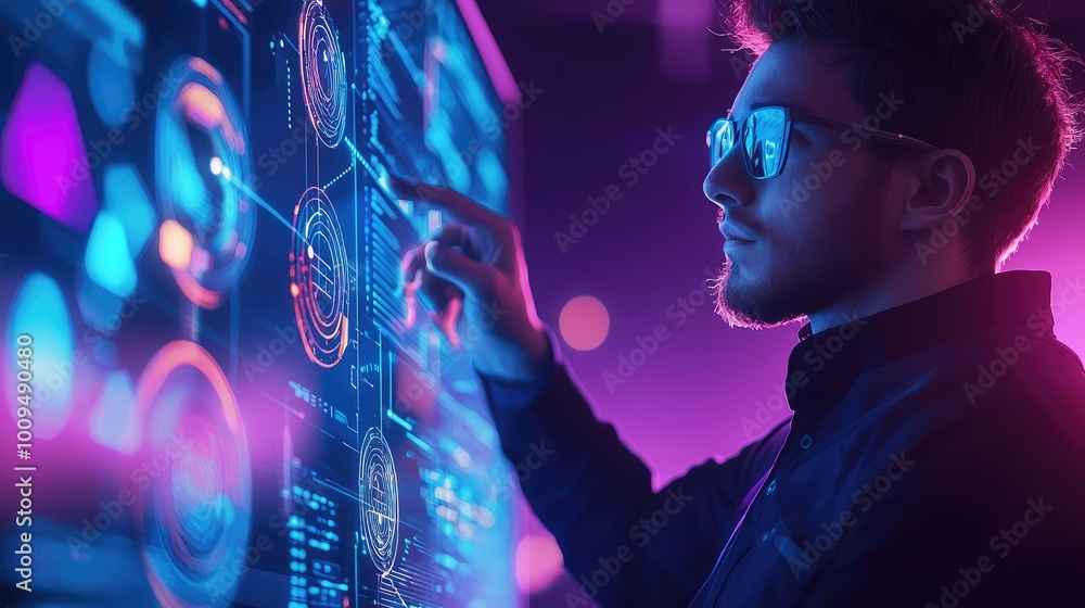 Poster a focused individual interacting with a futuristic digital interface, showcasing vibrant data visual