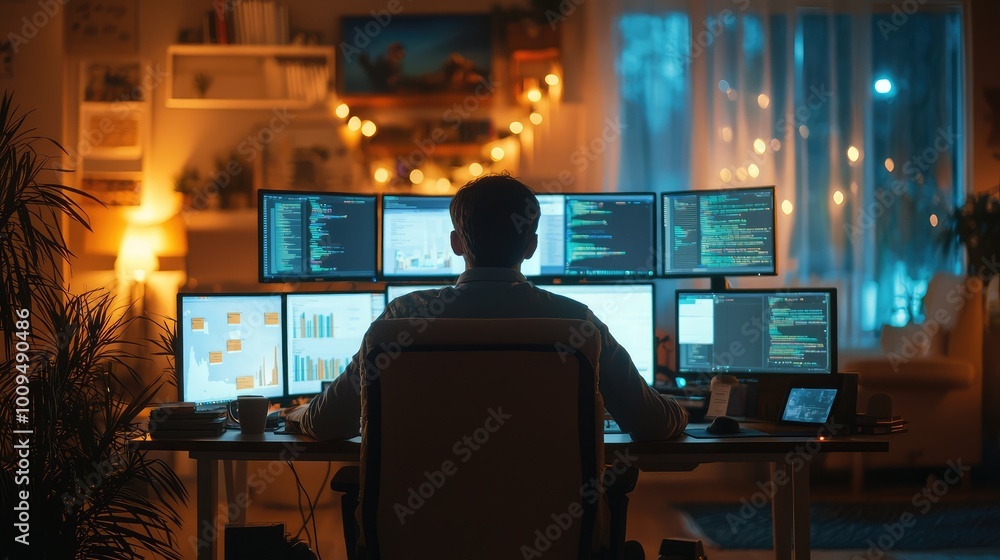 Poster a focused individual working at a desk adorned with multiple monitors, displaying code in a cozy, il