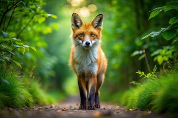 Obraz premium A vigilant red fox stands at the edge of a forest path, surrounded by vibrant greenery, alert and poised amidst the tranquil natural setting.