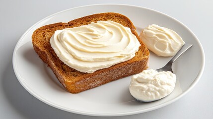 A slice of bread topped with a creamy layer of cream cheese sits on a smooth grey backdrop, providing a minimalist aesthetic perfect for culinary inspiration or breakfast ideas.