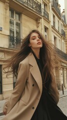 Obraz premium A woman with long hair is standing on a city street wearing a tan coat
