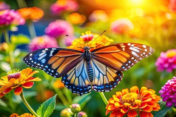 Obraz premium A vivid butterfly perches delicately on a vibrant flower, surrounded by a flourishing garden, all illuminated by the warm glow of the bright sun.