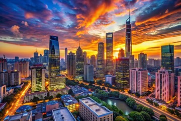 Fototapeta premium Stunning City Skyline at Dusk with Illuminated Buildings and Vibrant Sky Overlooking the Horizon