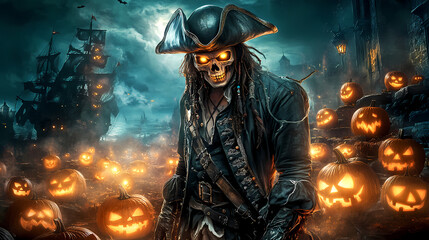 Fototapeta premium Skeletal Pirate with Glowing Skull and Tricorn Hat Among Glowing Jack-O'-Lanterns