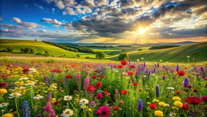Fototapeta premium A vivid summer scene unfolds with a bright blue sky, expansive green fields, and a stunning display of colorful wildflowers blooming beautifully in nature's embrace.