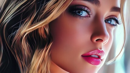 Fototapeta premium A woman with long blonde hair and blue eyes is wearing red lipstick