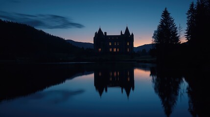 Fototapeta premium A majestic castle reflected in calm waters at twilight, surrounded by trees and mountains, evoking a sense of mystery and serenity.