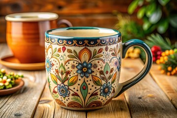 A warm, elegant ceramic coffee mug with a handle, adorned with intricate illustrations, perfect for digital designs, crafts, and DIY projects requiring a cozy touch.