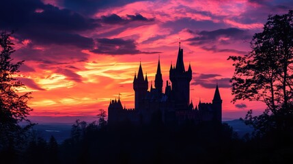 A majestic castle silhouette against a vibrant sunset, featuring dramatic clouds and rich colors, perfect for fantasy-themed designs.