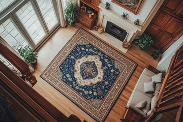 Persian carpet in living room with wooden floor and furniture, high-angle view