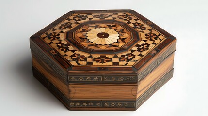 A hexagonal wooden box with inlaid patterns
