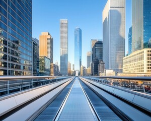 Fototapeta premium Metropolitan Scene with Skyscrapers, Contemporary Architecture, and Vibrant Urban Infrastructure under a Clear Blue Sky, Showcasing the Thriving Modernity and City Life