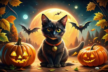 Fototapeta premium A whimsical Halloween cat cartoon, featuring a playful feline surrounded by pumpkins, bats, and eerie details, perfect for adding festive charm to the spooky season.