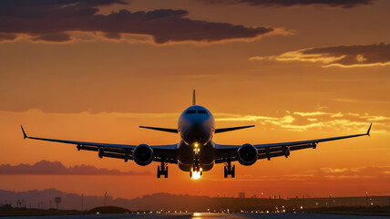 airplane landing at sunset
