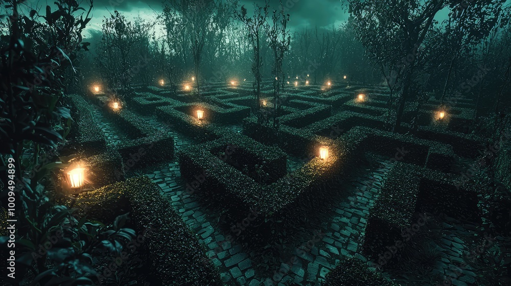 Poster a mysterious maze illuminated by lanterns, surrounded by dense trees in a foggy night setting, evoki