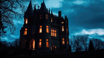 A mysterious mansion illuminated at dusk, surrounded by dark clouds, creating an eerie and captivating atmosphere.