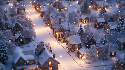 Fototapeta premium Snow-covered winter village with illuminated houses in serene evening atmosphere