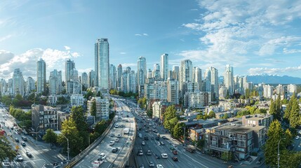 Obraz premium A panoramic view of a bustling city skyline with tall skyscrapers and busy streets under a clear blue sky.