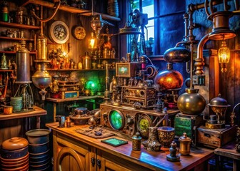 A whimsical steampunk lab brimming with antique tools, peculiar gadgets, and quirky decor, inviting creativity and wonder in an atmosphere of scientific exploration.