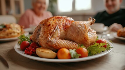 Delicious roasted turkey on a festive table with fresh vegetables and fruits.