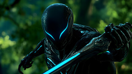 Naklejka premium A shielded alien warrior, covered in bio-organic armor with glowing blue veins, holding an energy blade while defending his homeland from invading forces. Alien warrior defending his planet.